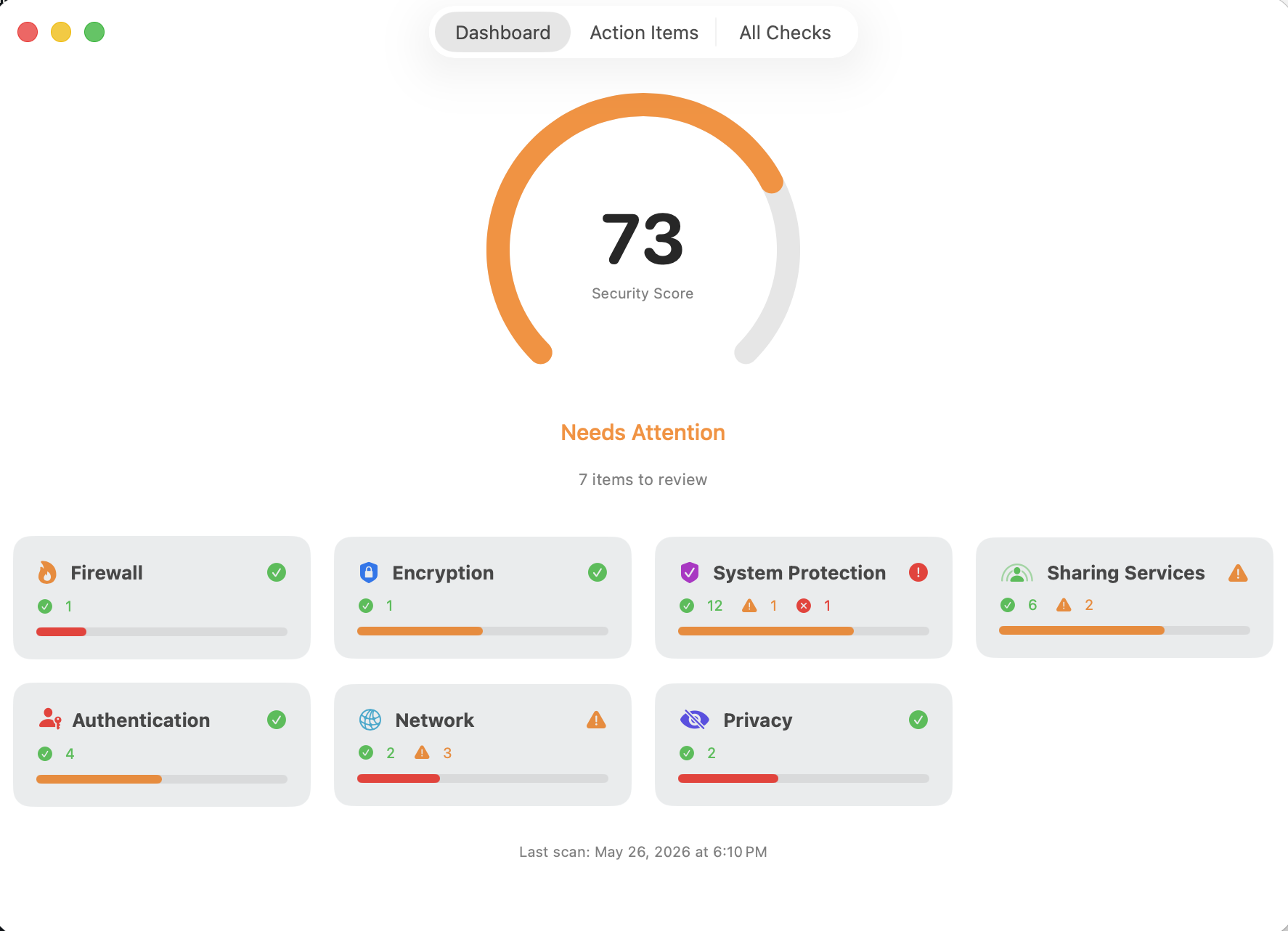 Harden dashboard showing security score of 73 with seven category cards for Firewall, Encryption, System Protection, Sharing, Authentication, Network, and Privacy