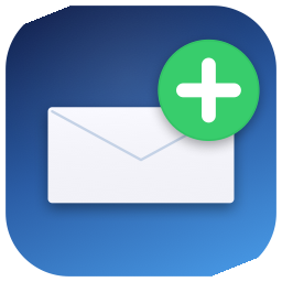 Mail+ app icon — a white envelope with a green plus badge on a deep-blue gradient background