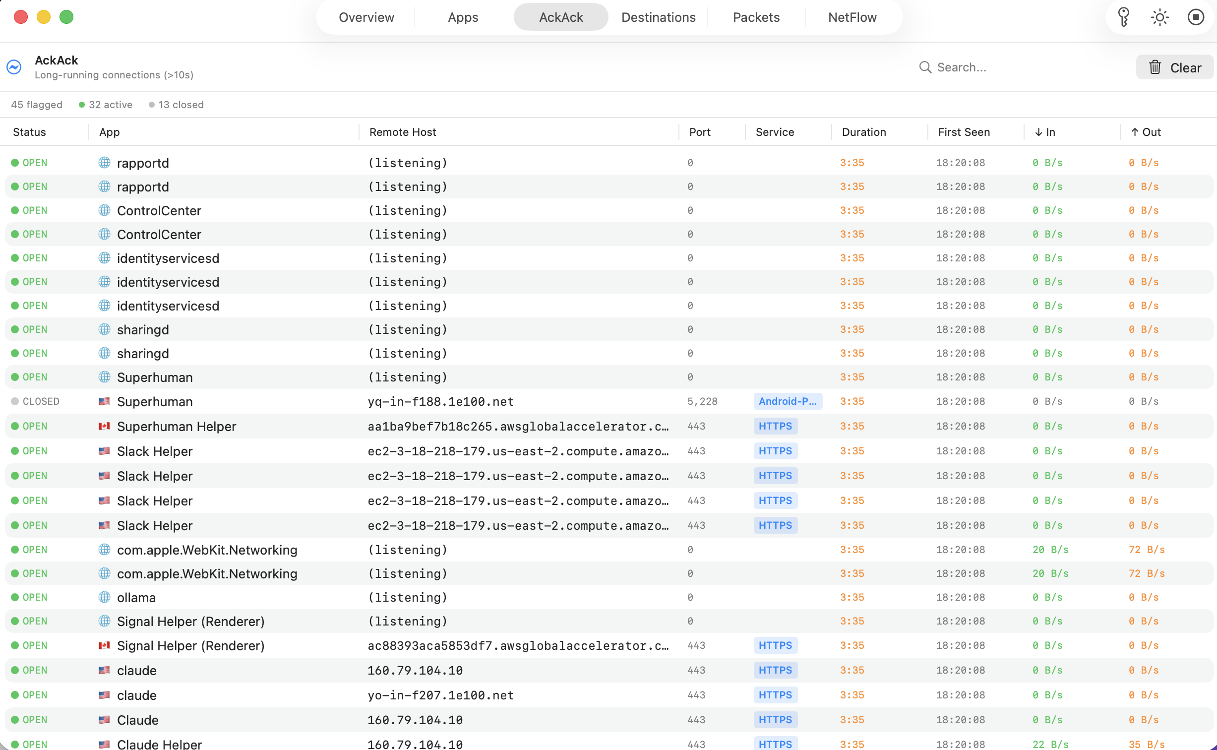 AckAck tab showing long-running connections with status, app, host, and duration