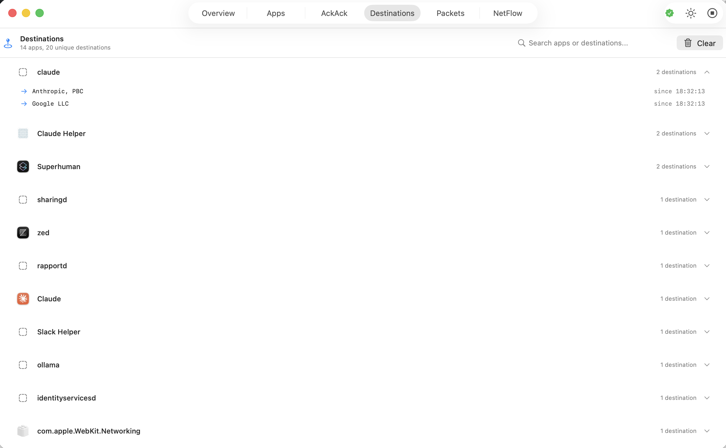 Destinations tab showing per-app destination history with organization names