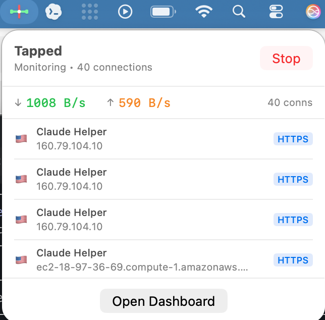 Tapped menu bar showing active connection monitoring