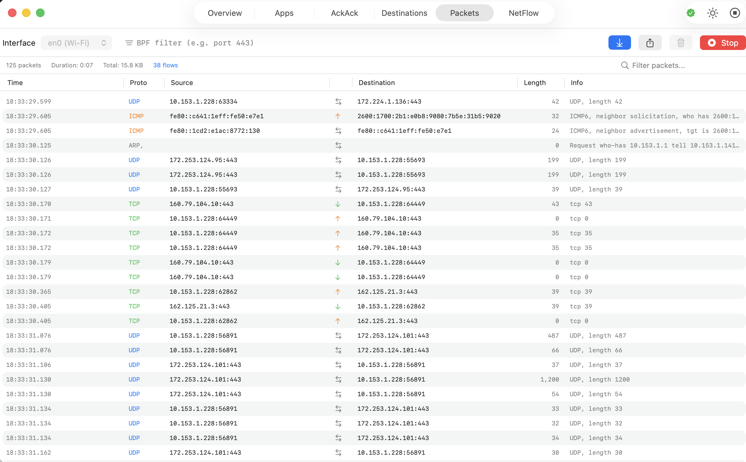 Packets tab with real-time packet capture, BPF filter, and protocol coloring