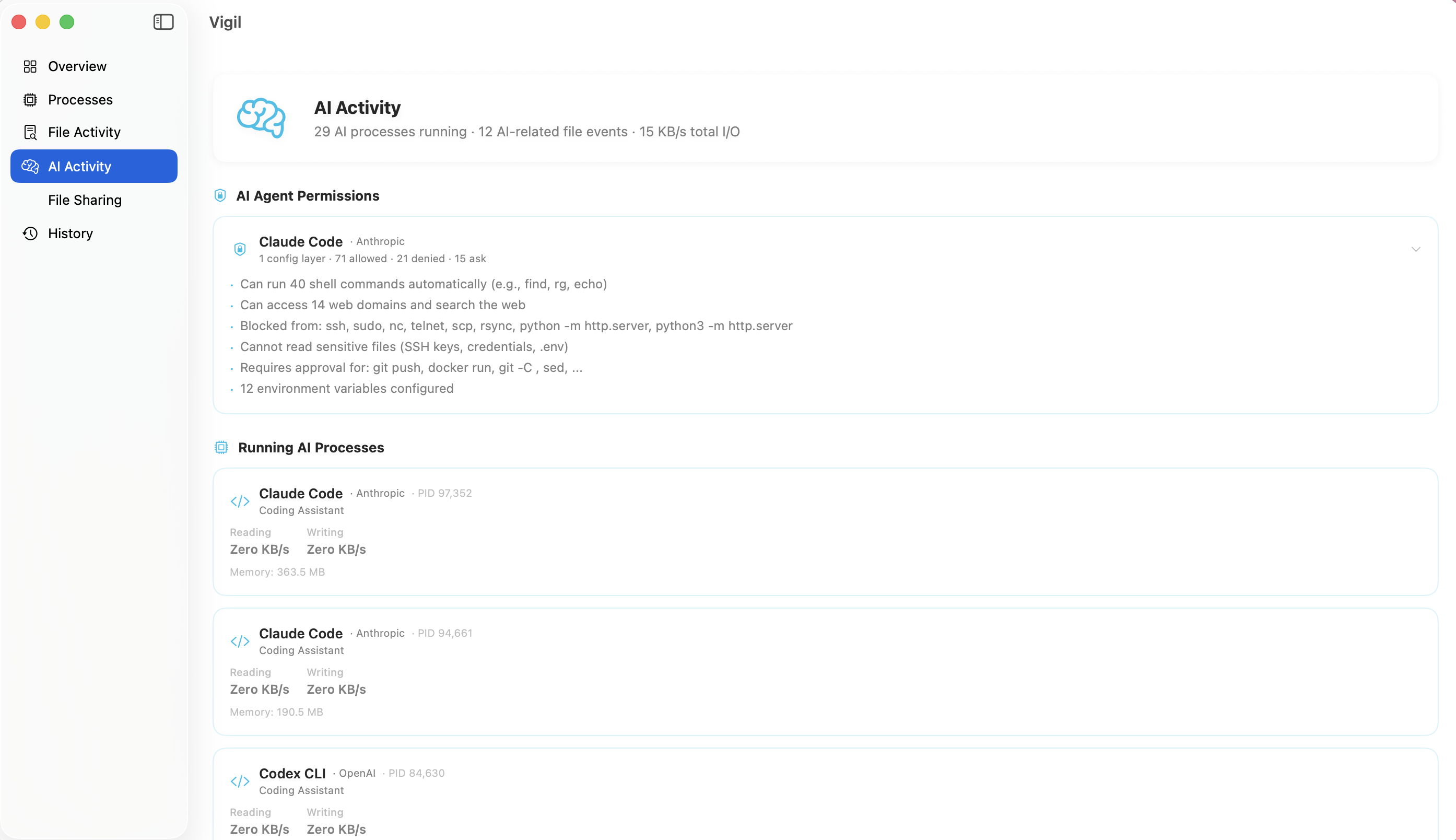 Vigil AI Activity view showing Claude Code and Codex CLI processes with agent permissions including allowed commands, blocked tools, and environment variables