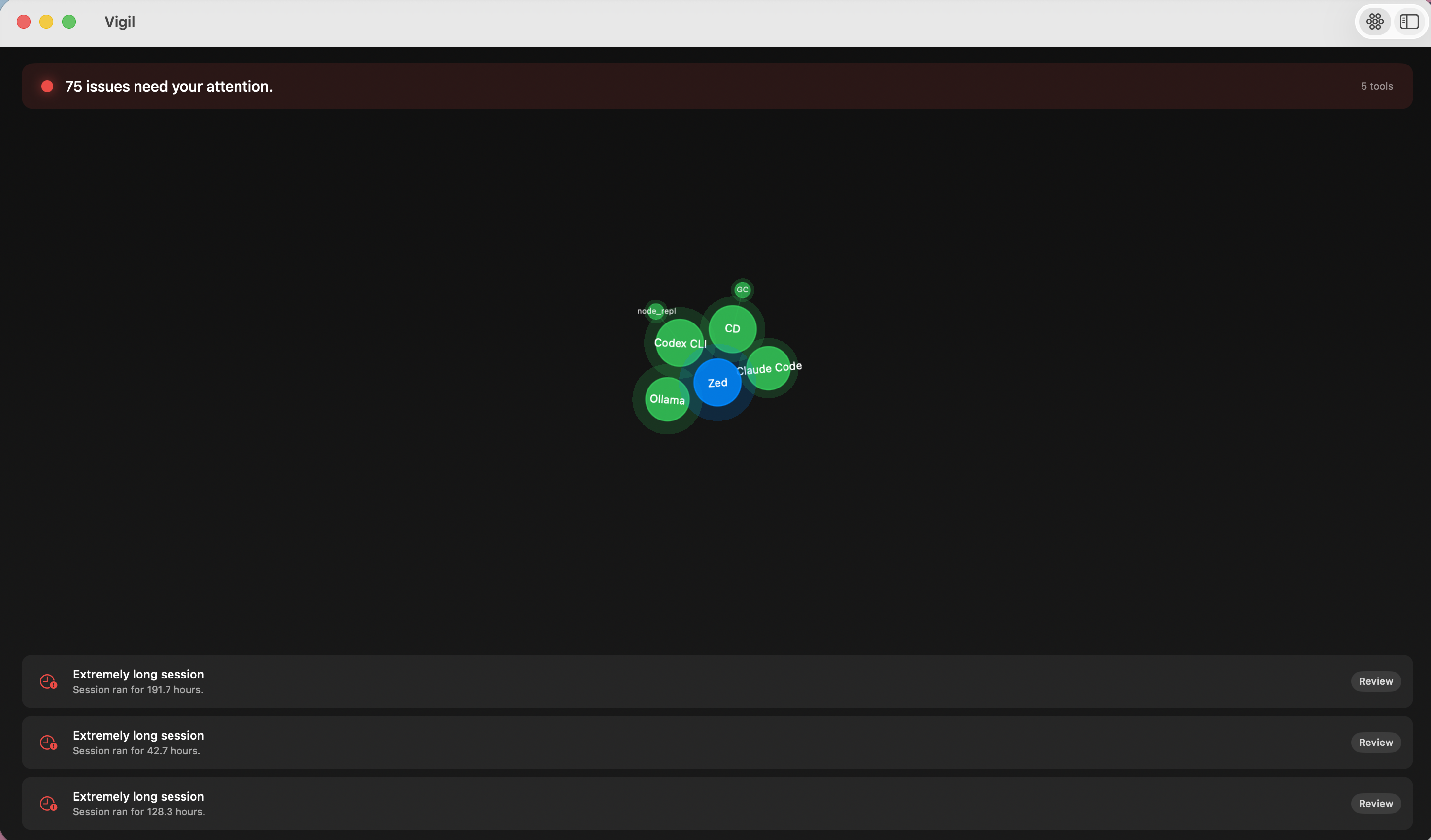 Vigil Glance mode — a dark orb field showing five AI tools as glowing orbs (Claude Code, Codex CLI, Zed, Ollama, Claude Desktop) with tethered satellites, a status banner reading &ldquo;75 issues need your attention,&rdquo; and action cards flagging extremely long sessions